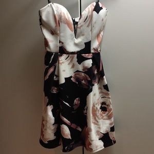 Black, pink, white floral plunge strapless dress